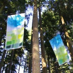 2 fabric hangings of dyed fabric hanging in the woods