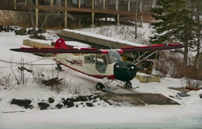 The ski plane used to survey Isle Royale's wolf and moose population is dragged up on land as ice melt creates iffy conditions in January 2024.