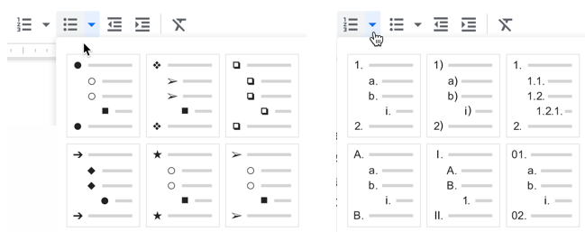 Bulleted and numbered list features, which allows users to generate lists with different letters and numbers.