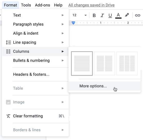 Columns settings in the Format tab, where users can select multiple column styles to display their text.