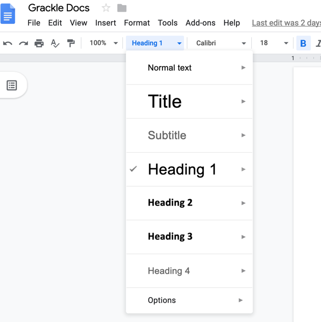 Headings menu on the main Google Docs ribbon. The menu is selected and additional heading style options are visible below.