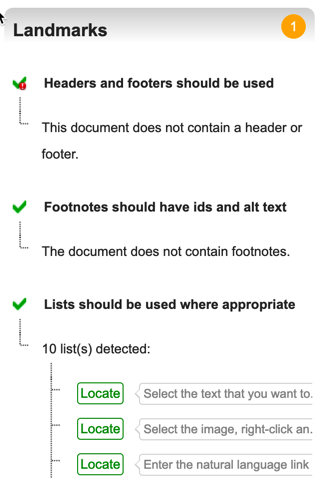 Grackle Doc's landmark heading details the checks for headers and footers, footnotes and lists.