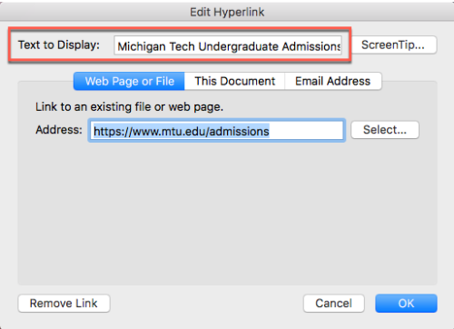 edit hyperlink text dialog box