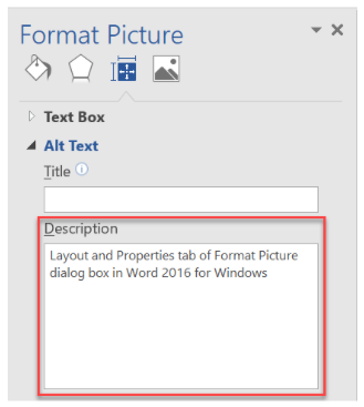 Layout and Properties tab of Format Picture Dialog Box in Office 2016 for Windows