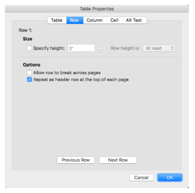 table properties dialog