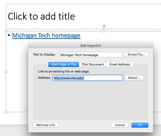 web address field in the edit hyperlink window