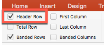 Header Row checkbox in Table Design Tab