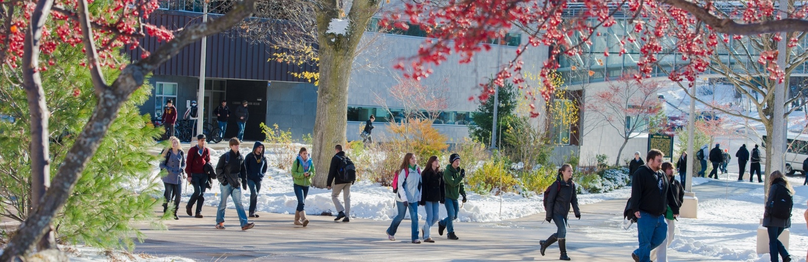 Students walking to and from Rekhi Hall during the winter 