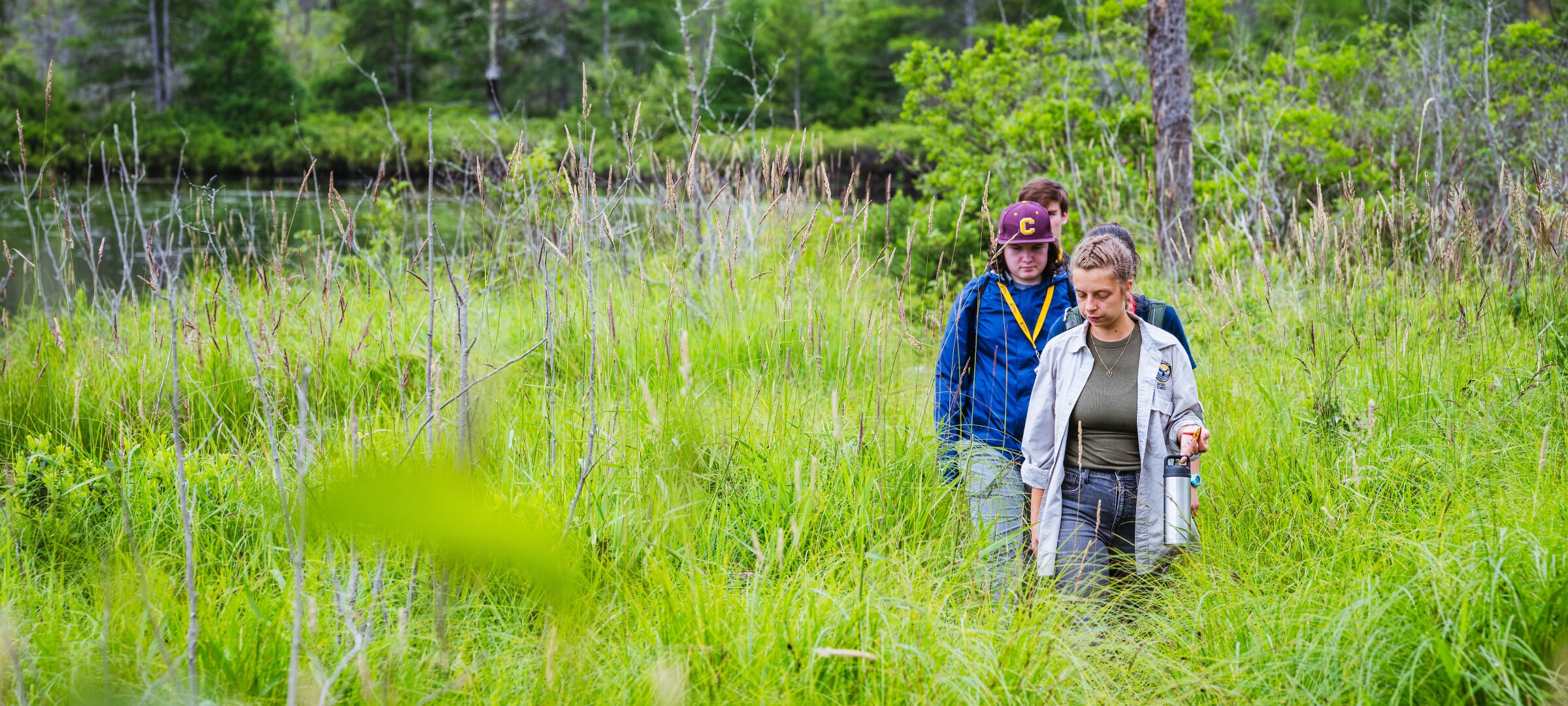 Ecological Engineering students with faculty walking through a grassy field.