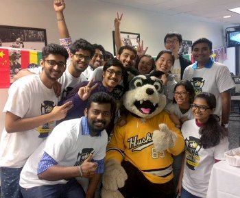 International students with our mascot Blizzard