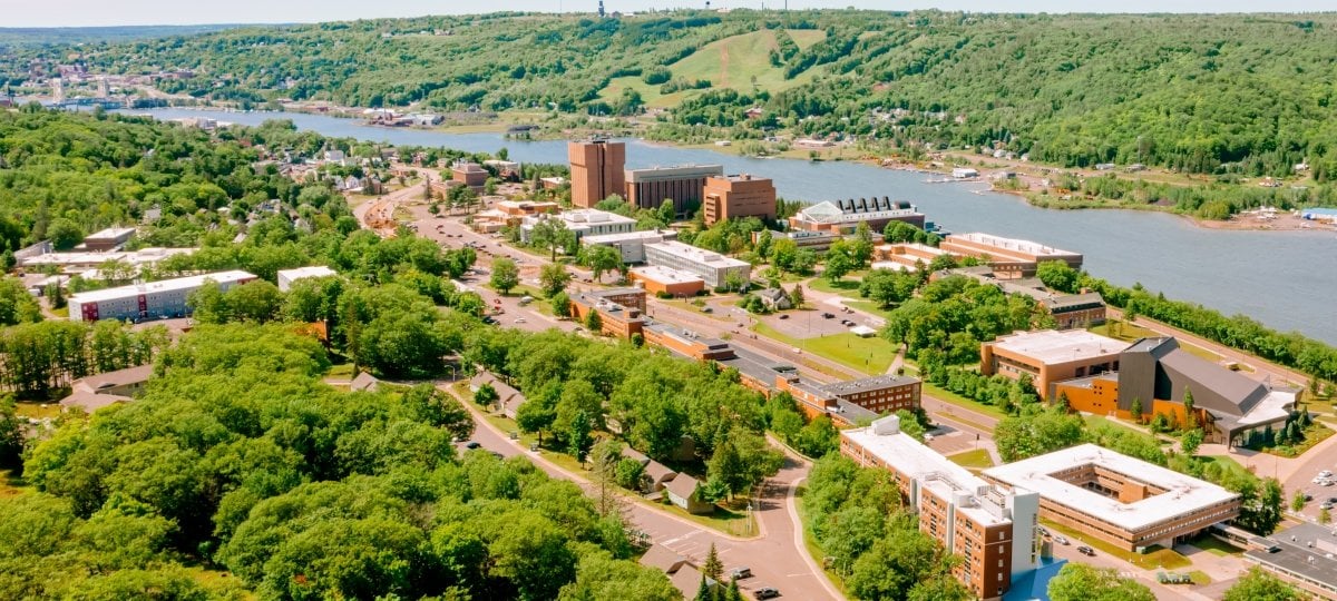 Aerial view of campus looking at the residance halls and the main campus