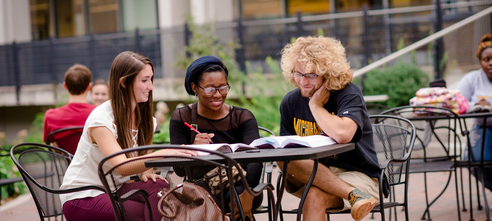 Students sitting on campus.