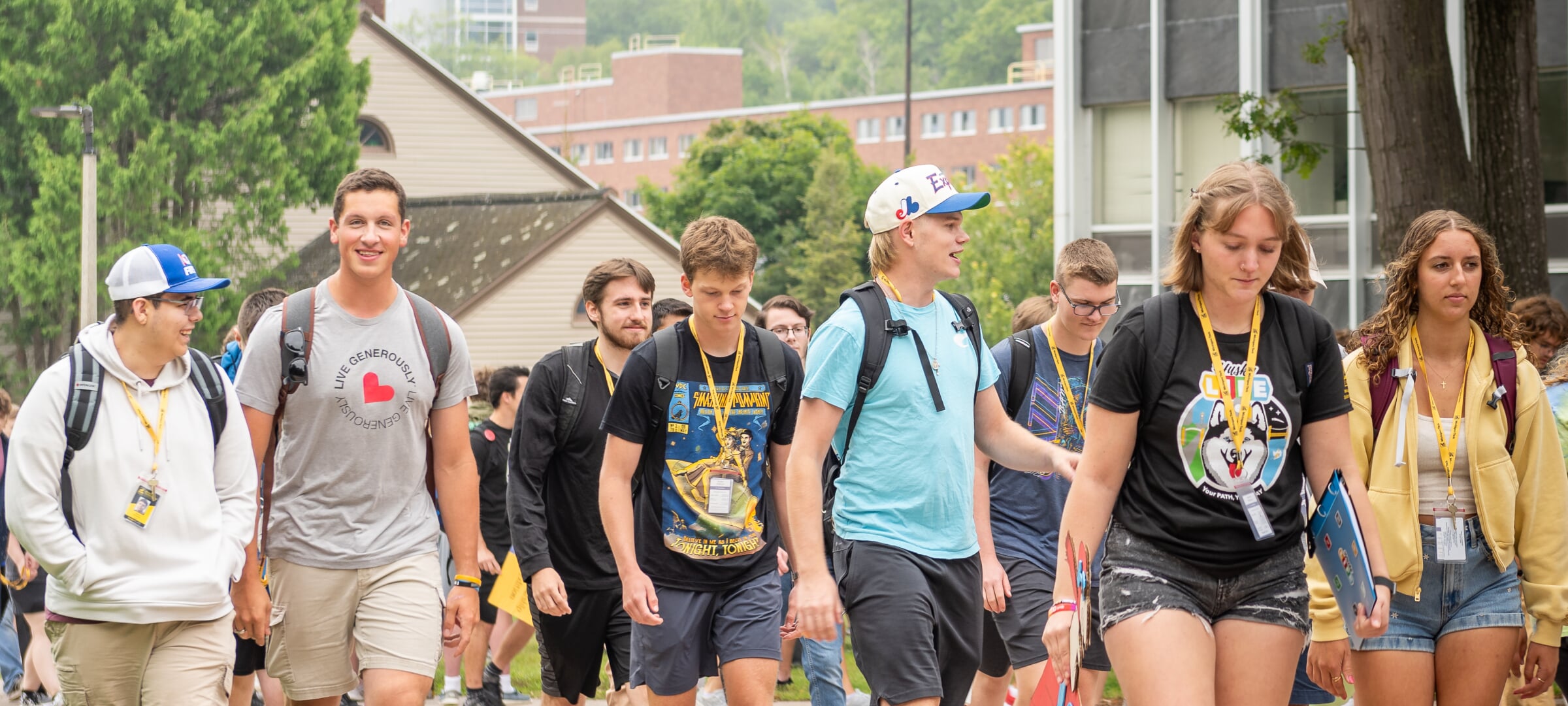 Students walking on campus during orientation.