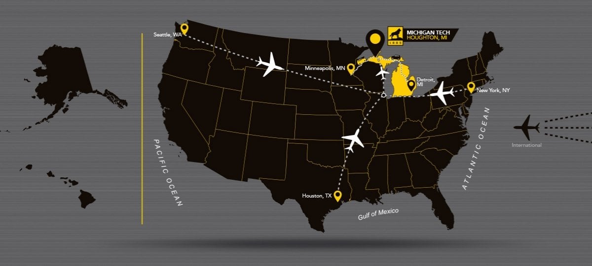 US map highlighting MTU showing plane or car routes from Seattle, WA, Houston, TX, New York, NY, International, Minneapolis, MN and Detroit, MI.