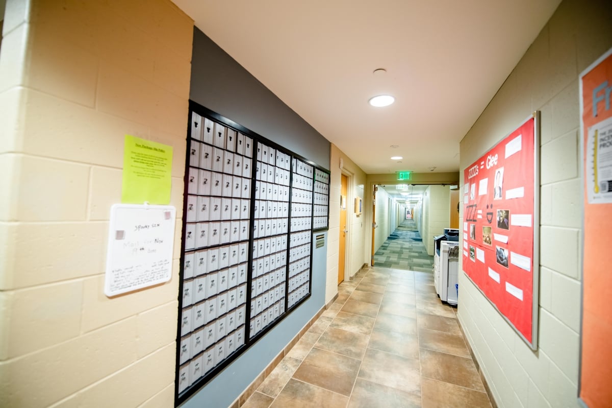 Hallway with mailboxes.