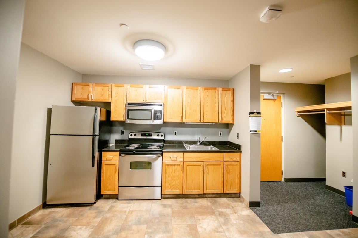 Kitchenette with cupboards, refrigerator, cooking range, and microwave.