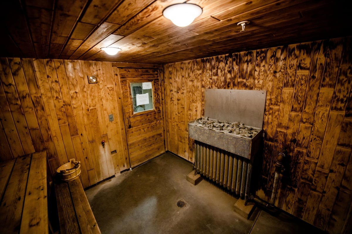 Sauna interior with stove.