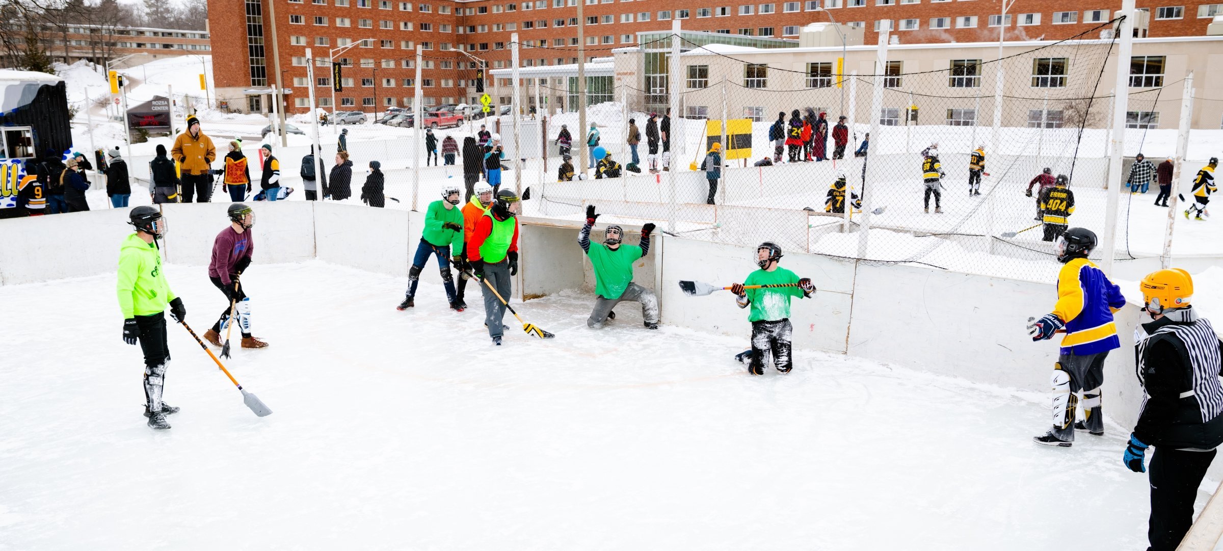 Broomball games being played during Winter Carnival.