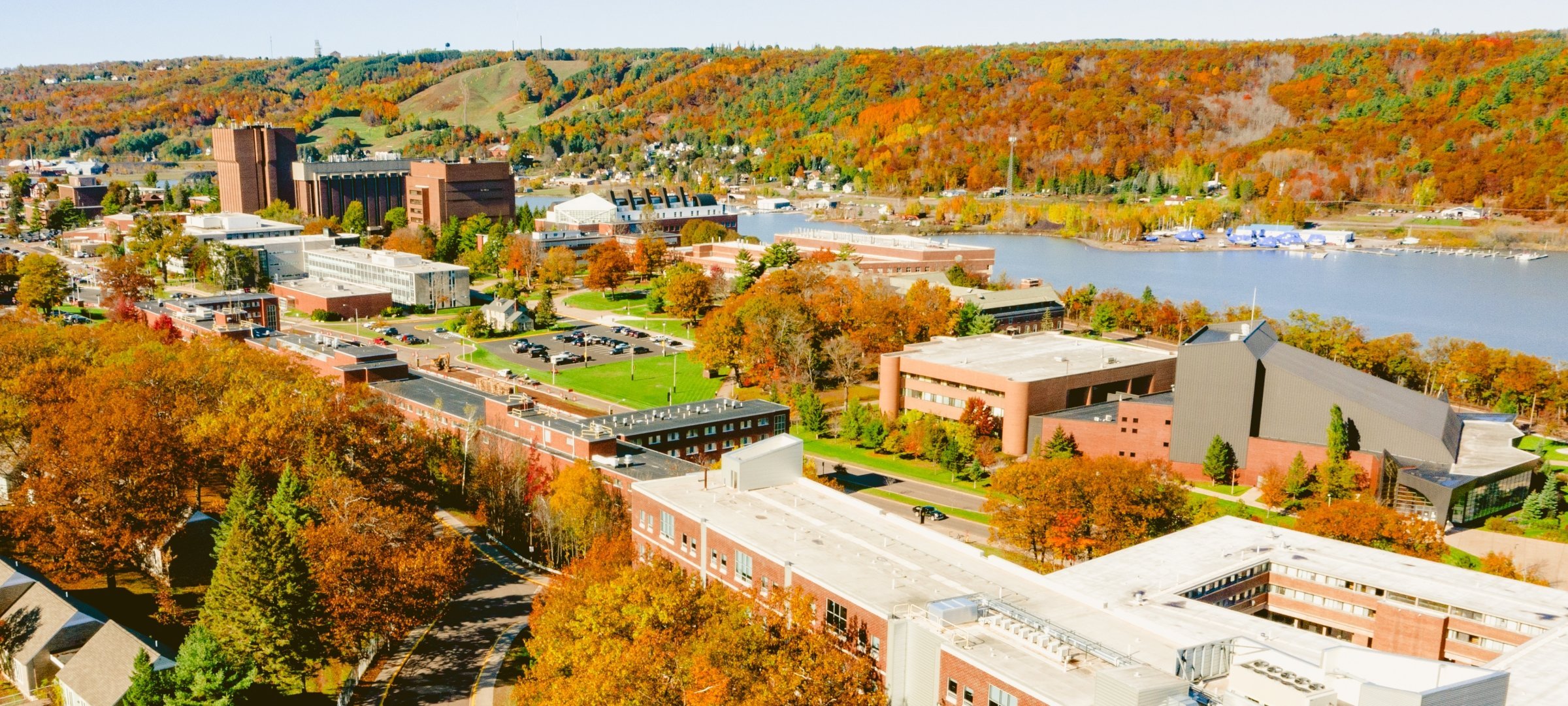 Aerial view of campus showing the canal and Mont Ripley