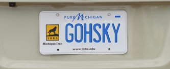 A custom license plate that reads "GOHSKY."