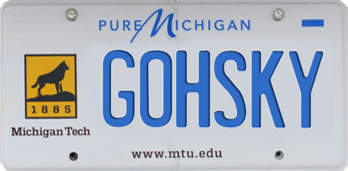 A Michigan Tech license plate reading GOHSKY