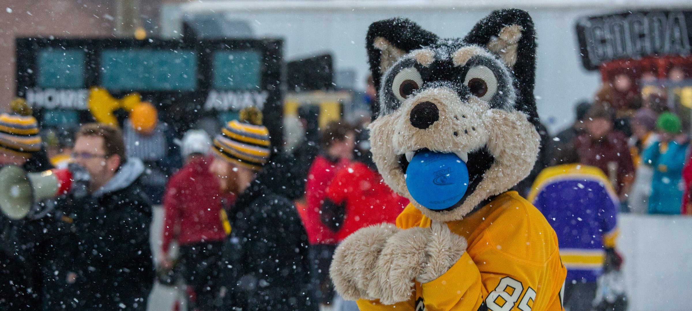 Blizzard holding a broomball ball in the mouth during winter carnival