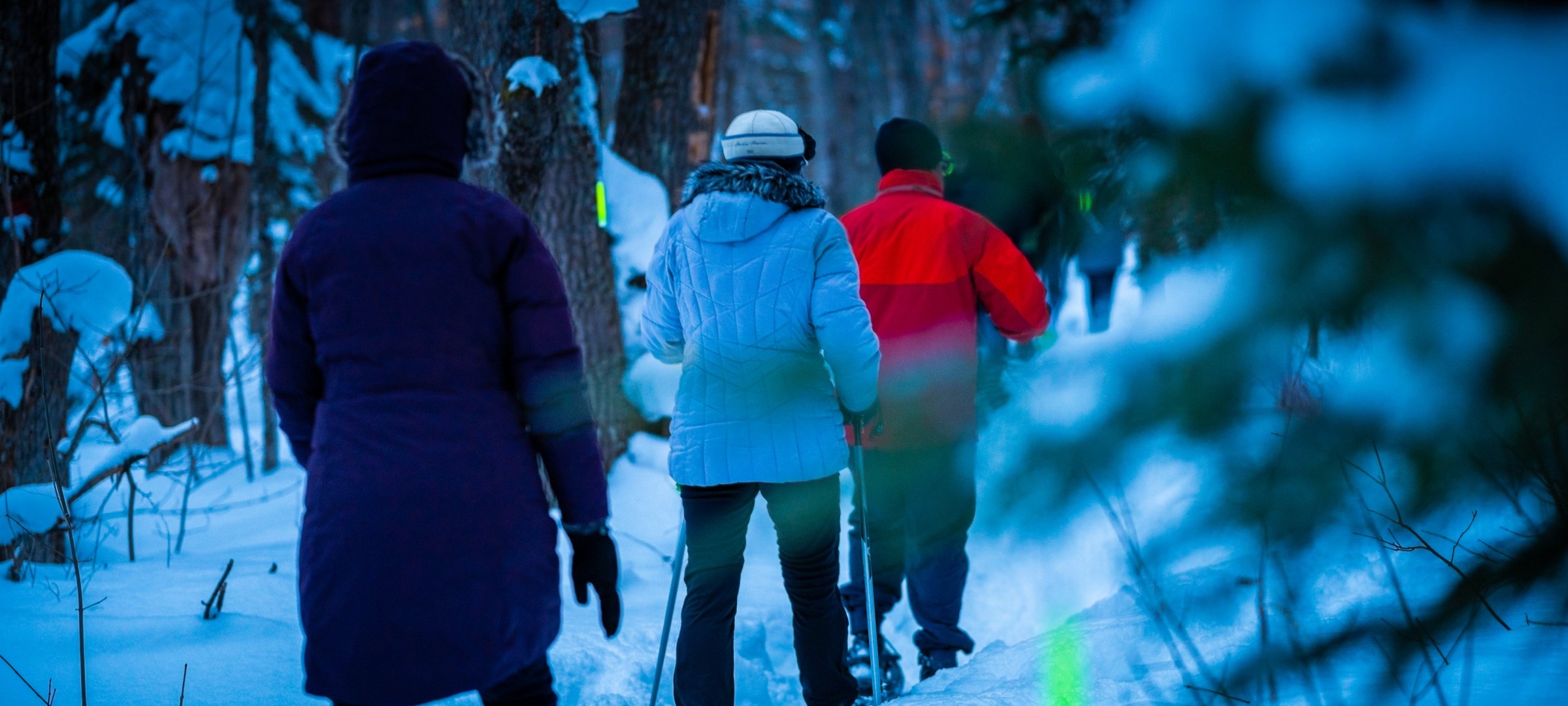 Alumni snowshoeing in winter during the Bigfoot Glowshoe event.