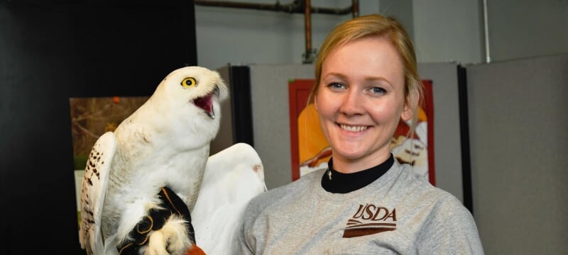 Megan Baker '15, stands for photo while holding a live snowy owl.