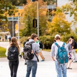 Students walking through campus in the fall