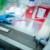 Researcher working with chemicals under a ventaled table