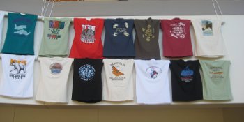 Several tee shirts hanging on display.