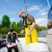 Two researchers on a research vessel taking measurements of the Keweenaw Waterway