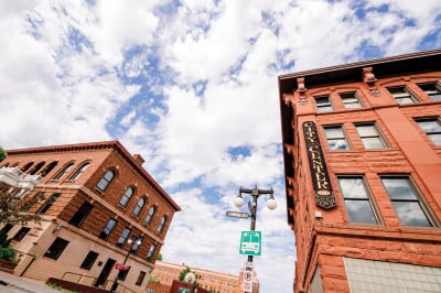 Looking up at the City Center building in downtown Houghton.