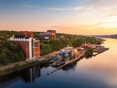 Aerial view of the campus along the Waterway.