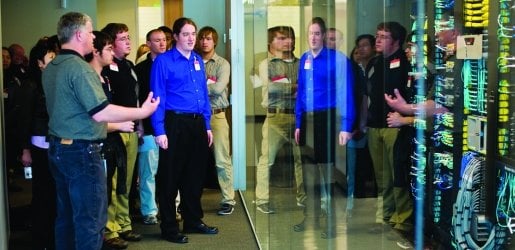 Students outside a server room