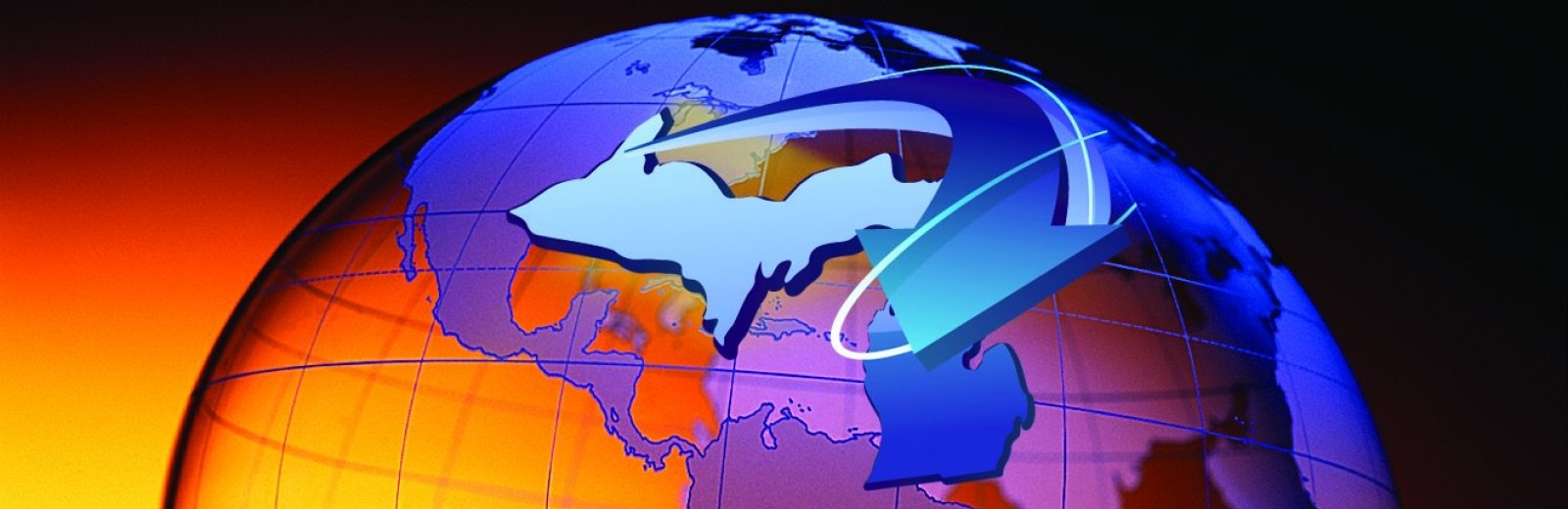 A globe with the upper and lower parts of Michigan highlighted.