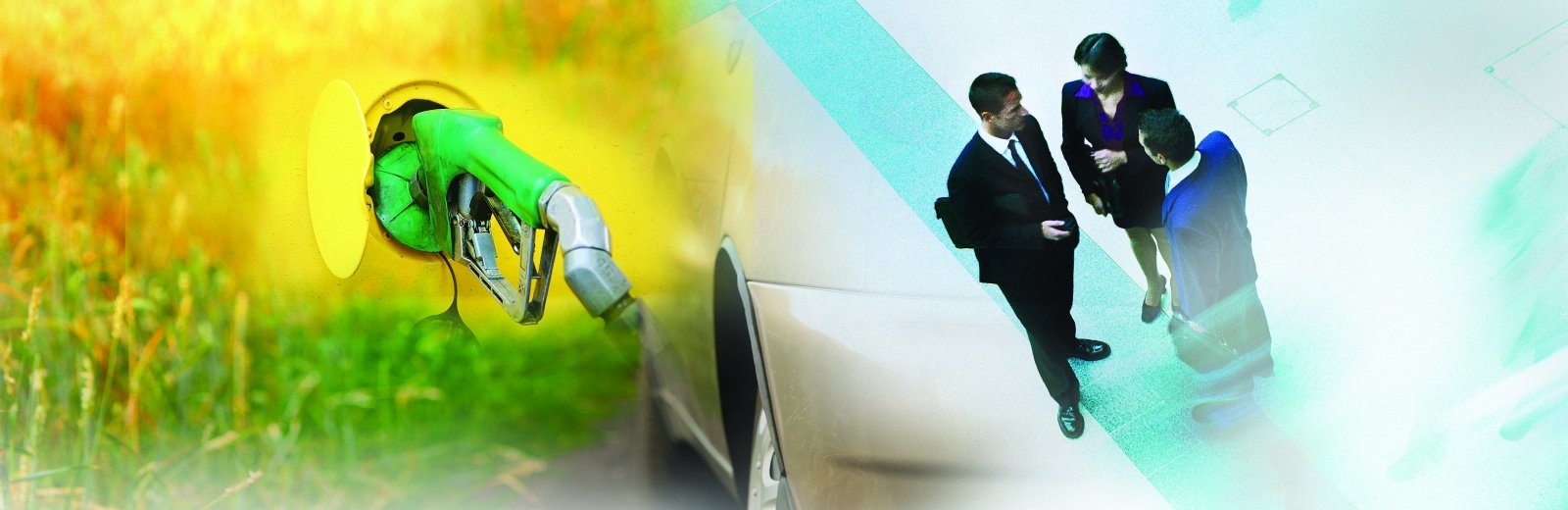 Fuel filling up a car, and several people in suits talking