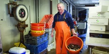 Michael Kiernan, owner of Marblehead Lobster Company, with some of the day’s catch.