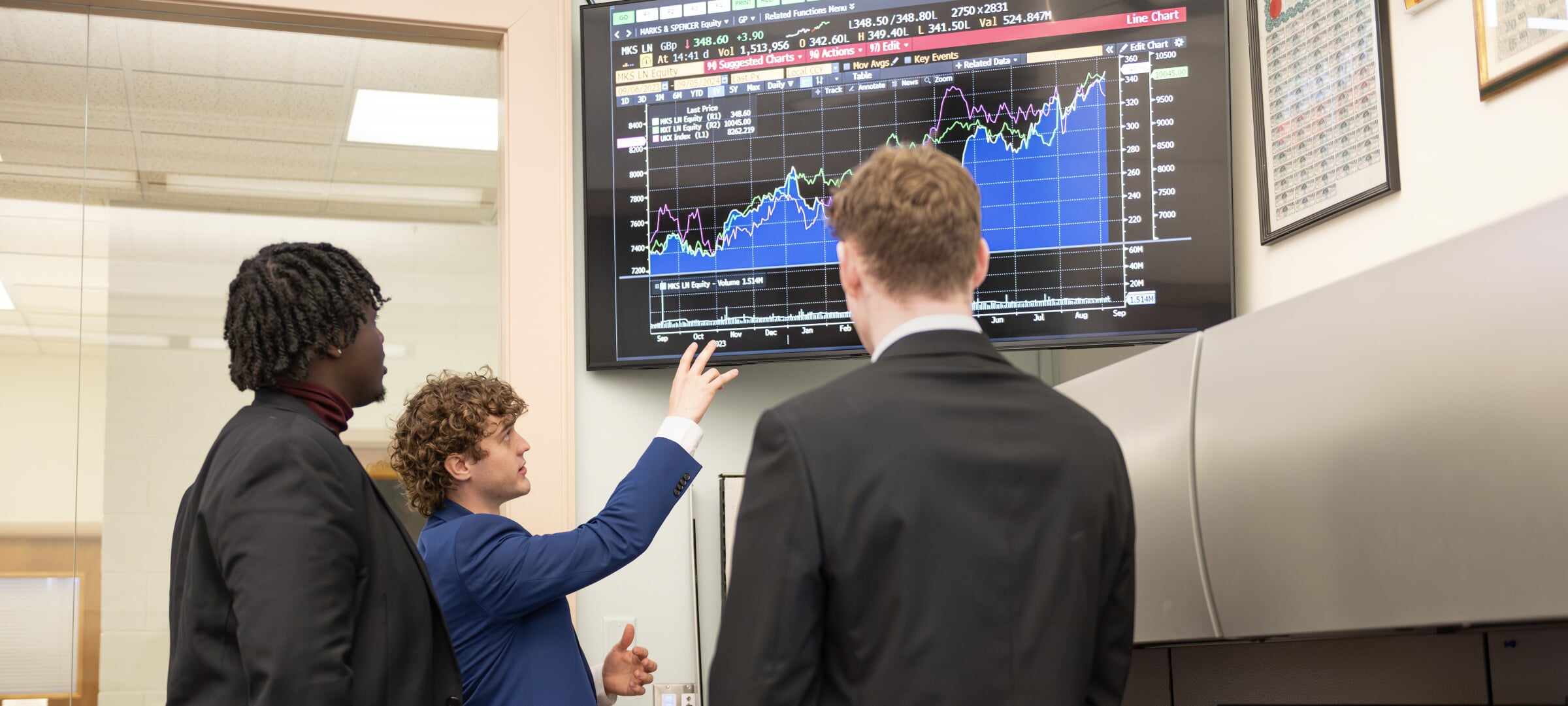 Three students discuss a business analytics dashboard on a monitor