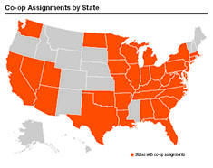 A map showing co-op assignments by state. Michigan Tech students have co-ops in roughly 75% of the country.