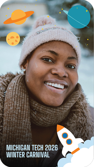 Woman with hat and scarf. Text at bottom: Michian tech 2026 winter carnival