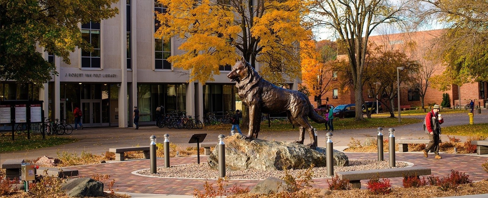 Husky statue in the middle of Michigan Tech's campus.