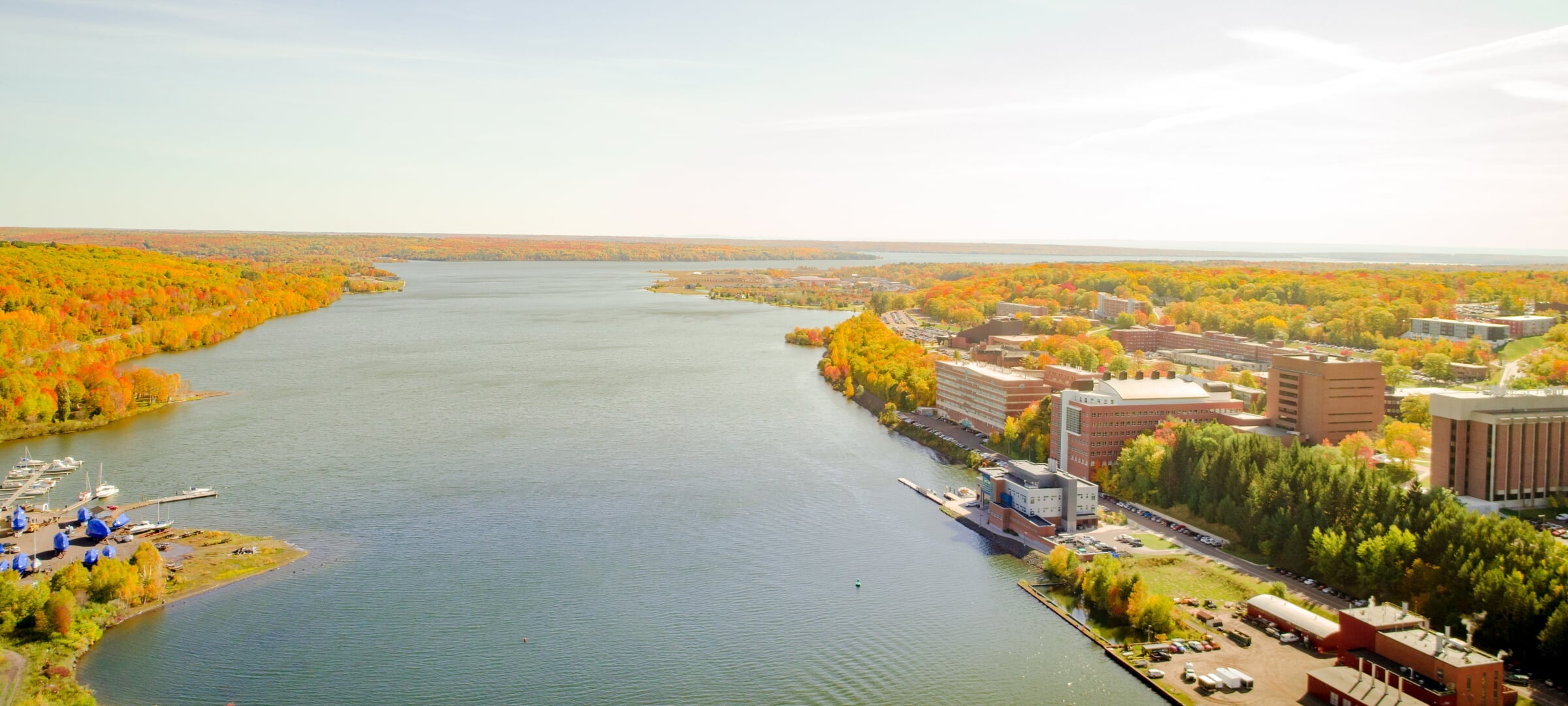 A drone photo of the portage canal and the Great Lakes Research Center Institute on the water's edge