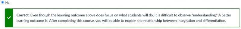 Modal box with a green check box confirming a correct answer to a question
