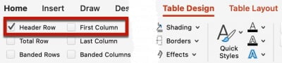 Table Design view in PowerPoint