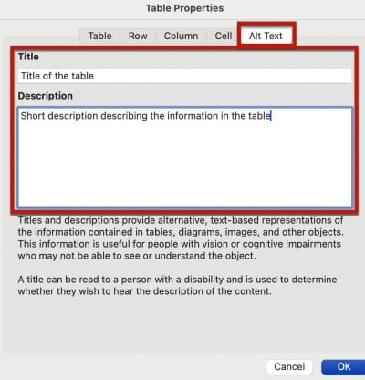 Table Properties box showing the Alt Text tab fields to add a table title and description