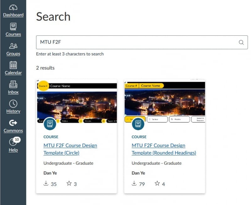 Screenshot showing Canvas Commons search results for 'MTU F2F'