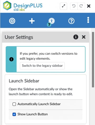 User settings menu with the "Show Launch Button" option enabled.