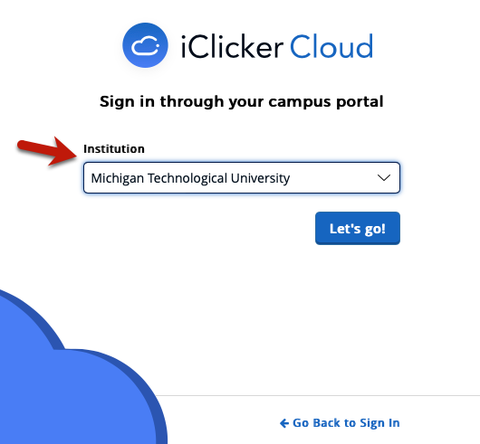 iClicker campus portal page, with Institution field showing "Michigan Technological University" selected