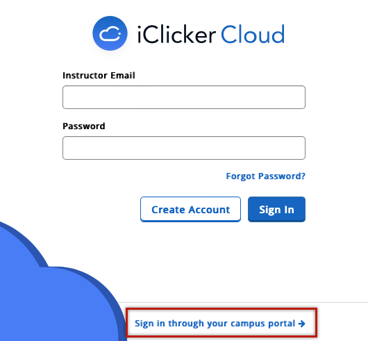 iClicker instructor login screen showing the campus portal sign in link at the bottom right